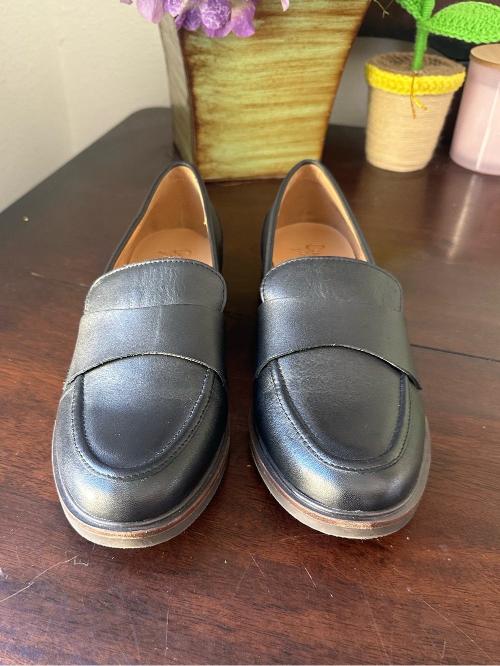 Crown Vintage Black Leather Penny Loafers with Brown Sole
